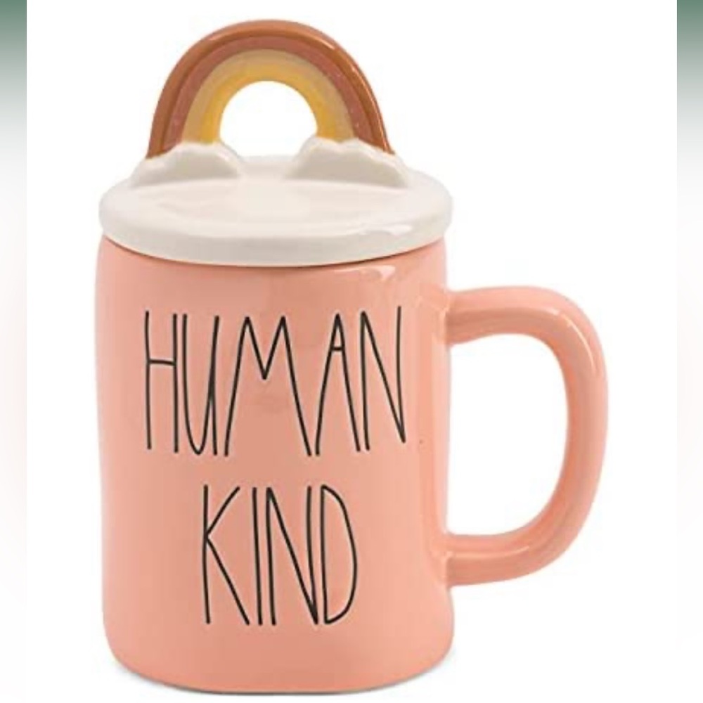 Rae Dunn HUMAN KIND 2 pc ceramic mug with rainbow topper New In Box